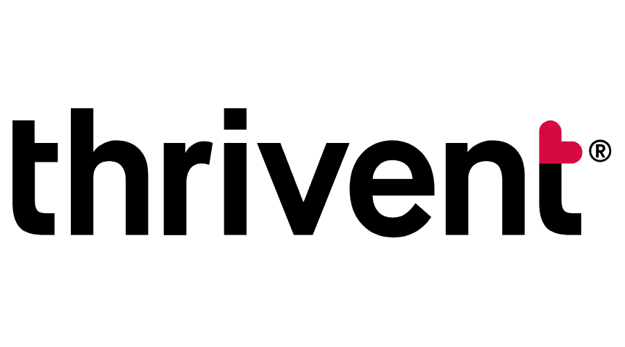 Thrivent logo: black lowercase wordmark with a pink heart shape at the end and a registered trademark symbol