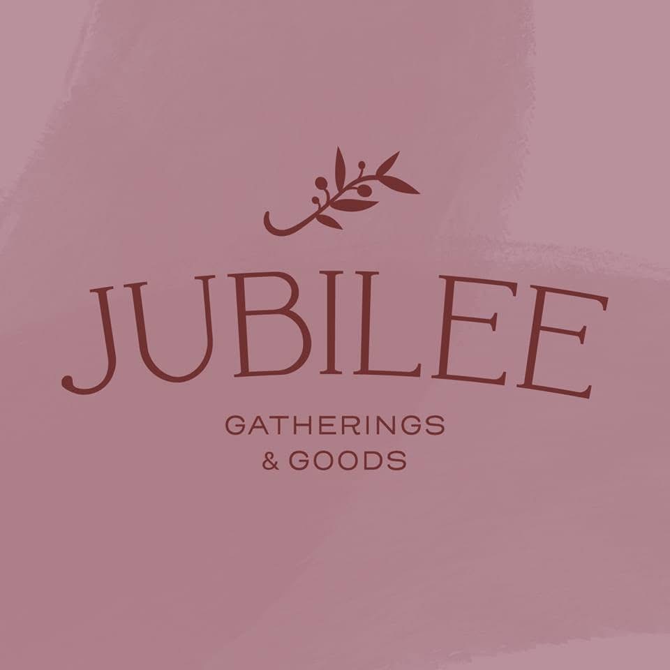 Brand logo: 'JUBILEE' with a small leaf motif and 'GATHERINGS & GOODS' on a pink background, elegant serif style.