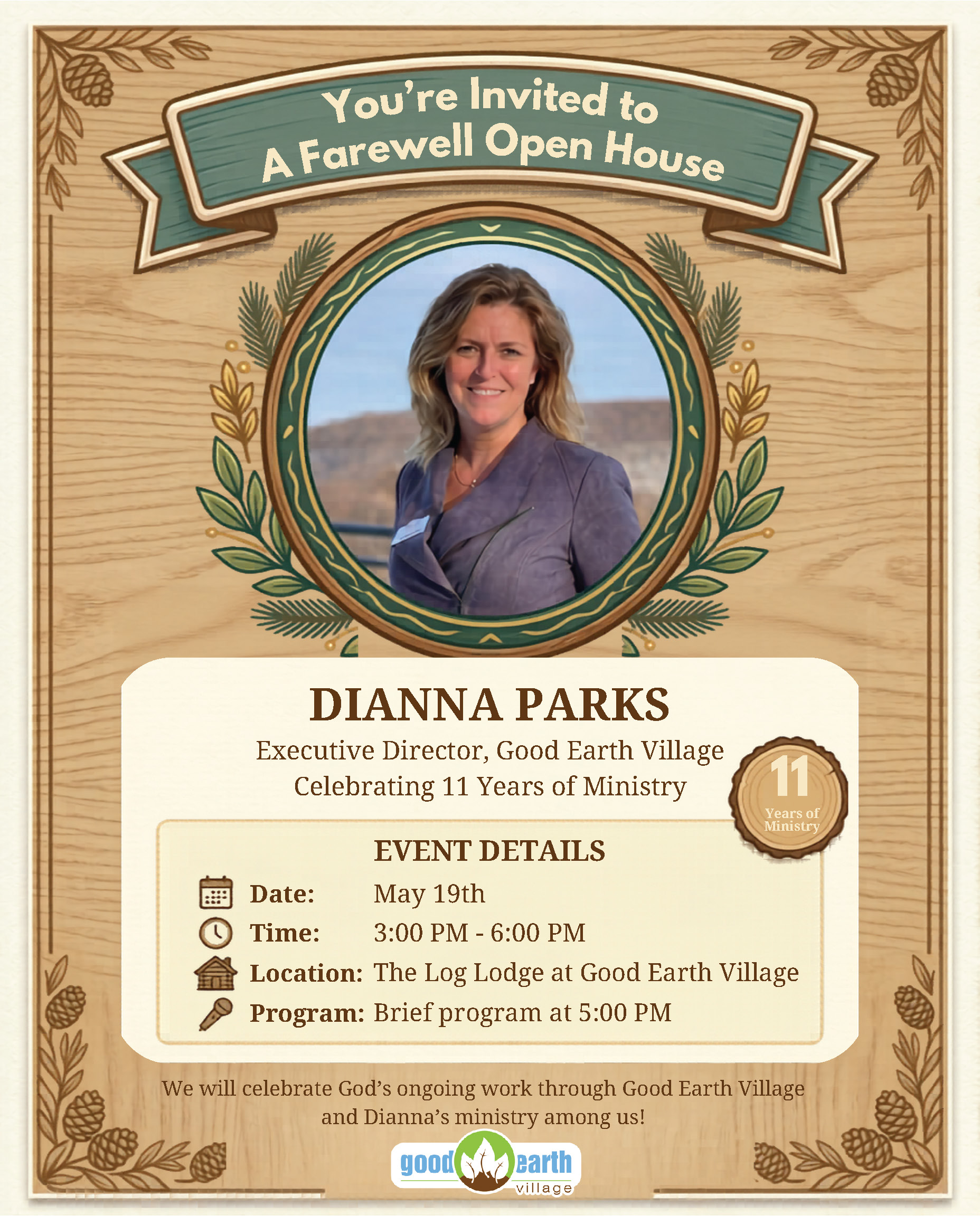 Invitation flyer with Dianna Parks portrait and 'Farewell Open House' headline on a wood background.