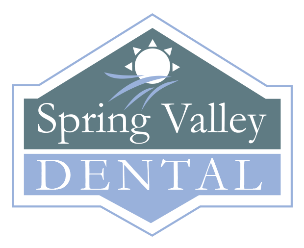 Spring Valley Dental logo: teal top with sun and waves, purple bottom band reading DENTAL