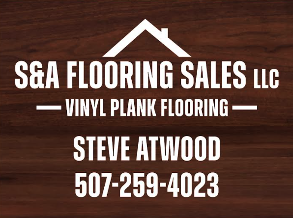 Logo for S&A Flooring Sales LLC with a white roof icon, 'Vinyl Plank Flooring', and 'Steve Atwood' with phone 507-259-4023 on a wood background.